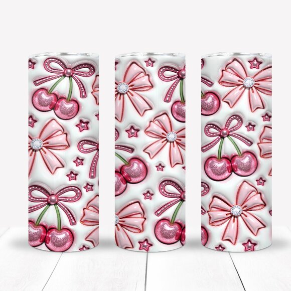 Pink Bow & Cherries 20oz Tumbler, Gifts For Her, Girls Gift, Travel Mug - Picture 1 of 6
